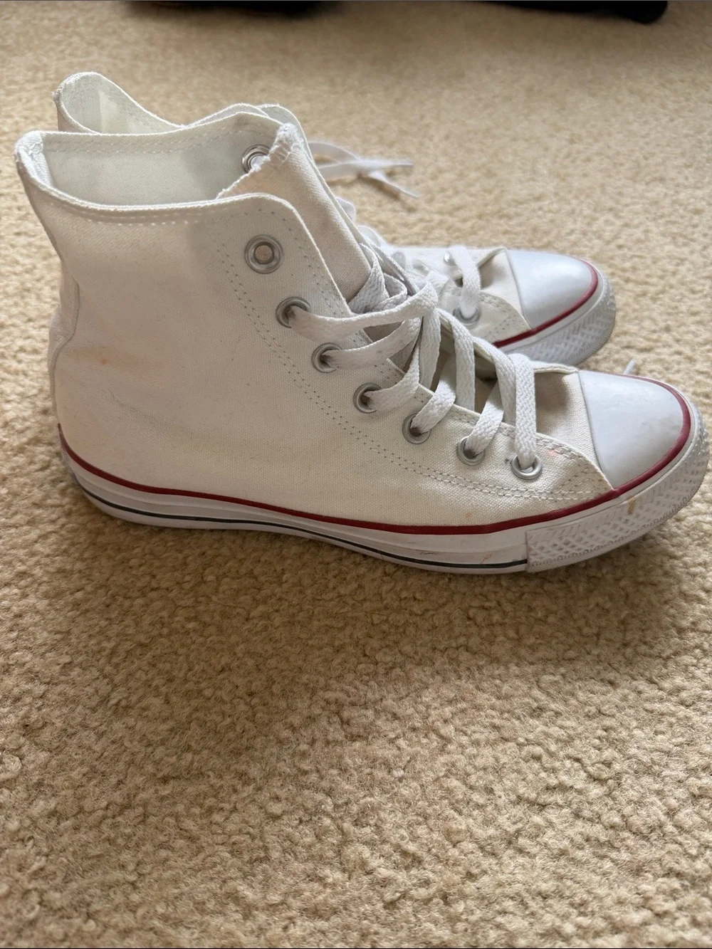 Converse White High Top Sneakers with Red Trim - Picture 2 of 7